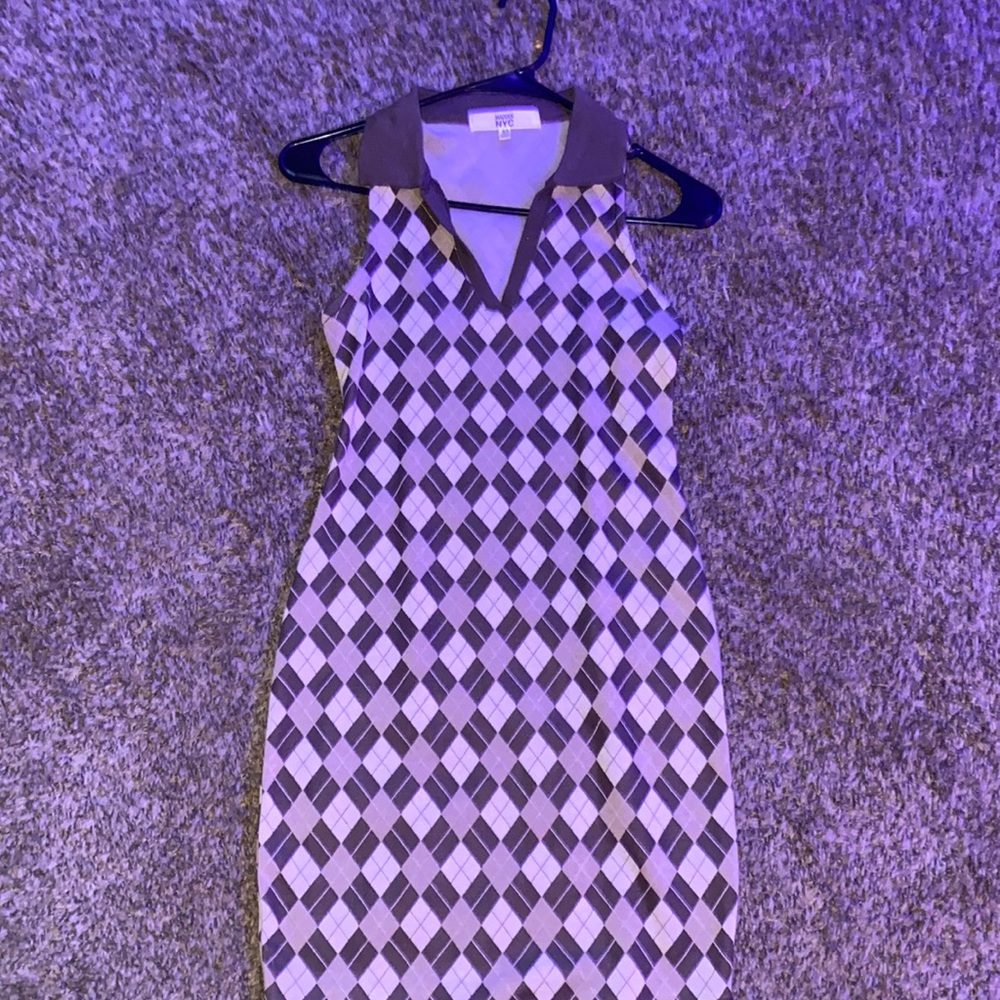 Brown and tan checkered dress with split down the middle and cuff